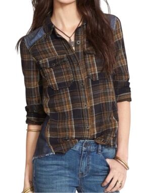 Free People Road Trip Getaway Green Plaid Flannel Denim Shirt size S